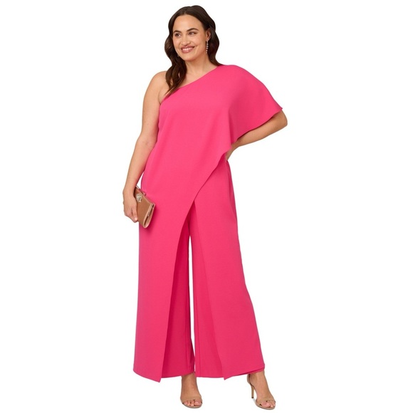 ADRIANNA PAPELL WATERMELON PINK ONE SHOULDER DRAPED WIDE LEG JUMPSUIT